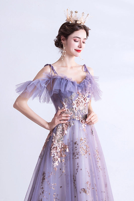 Purple tulle sequins long A line prom dress evening dress  8750