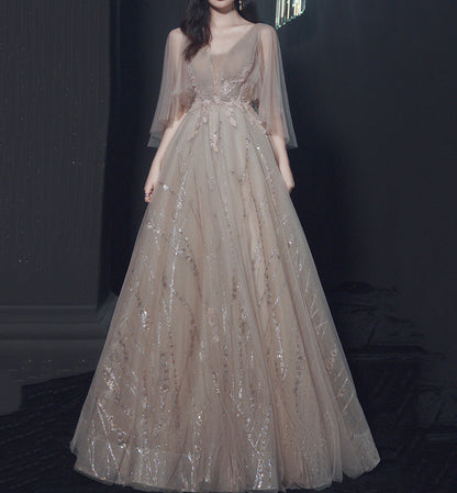 Champagne lace sequins long ball gown dress formal dress  8474