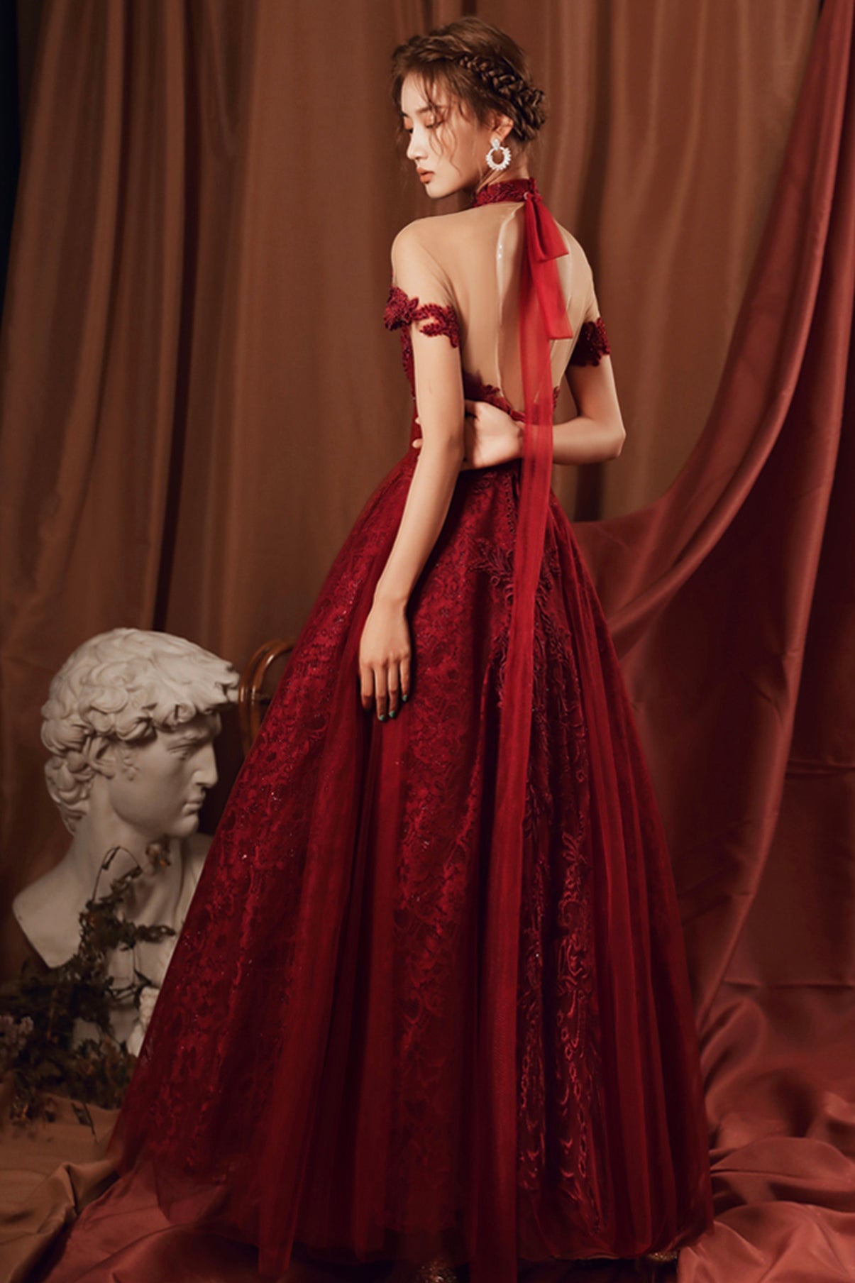 Burgundy tulle beads long A line prom dress evening dress  8761