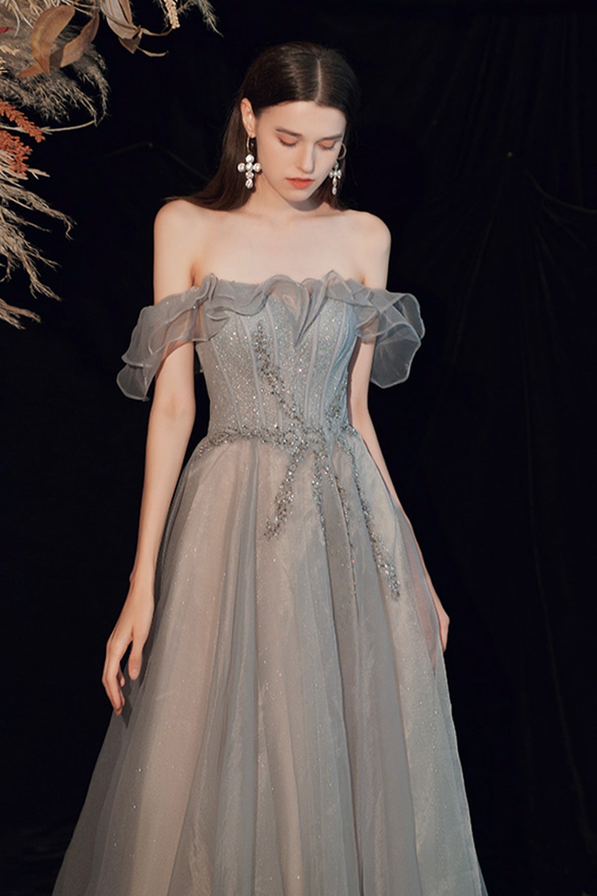 Shiny tulle long prom dress A line evening dress  8593