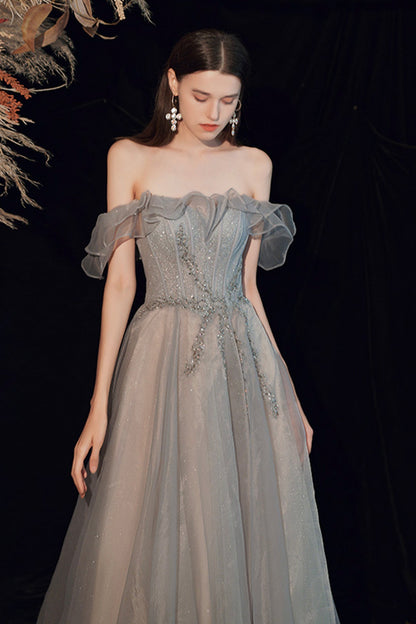 Shiny tulle long prom dress A line evening dress  8593