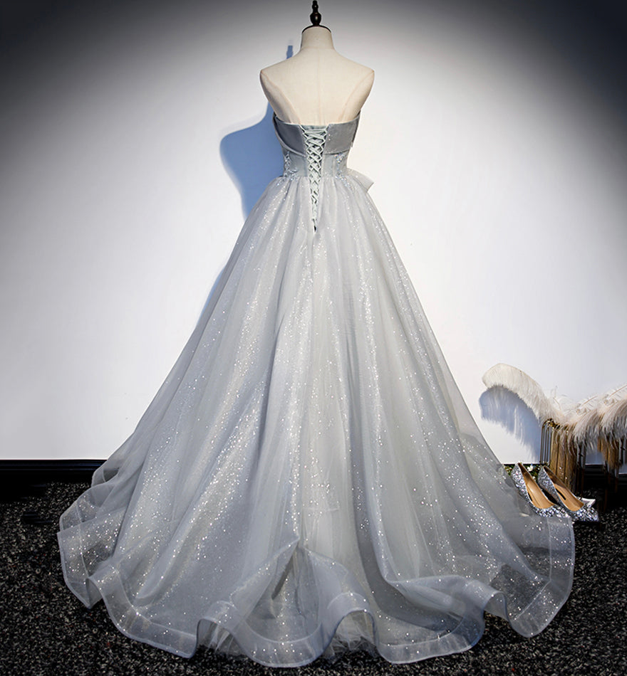 Gray tulle sequins long ball gown dress formal dress  8448