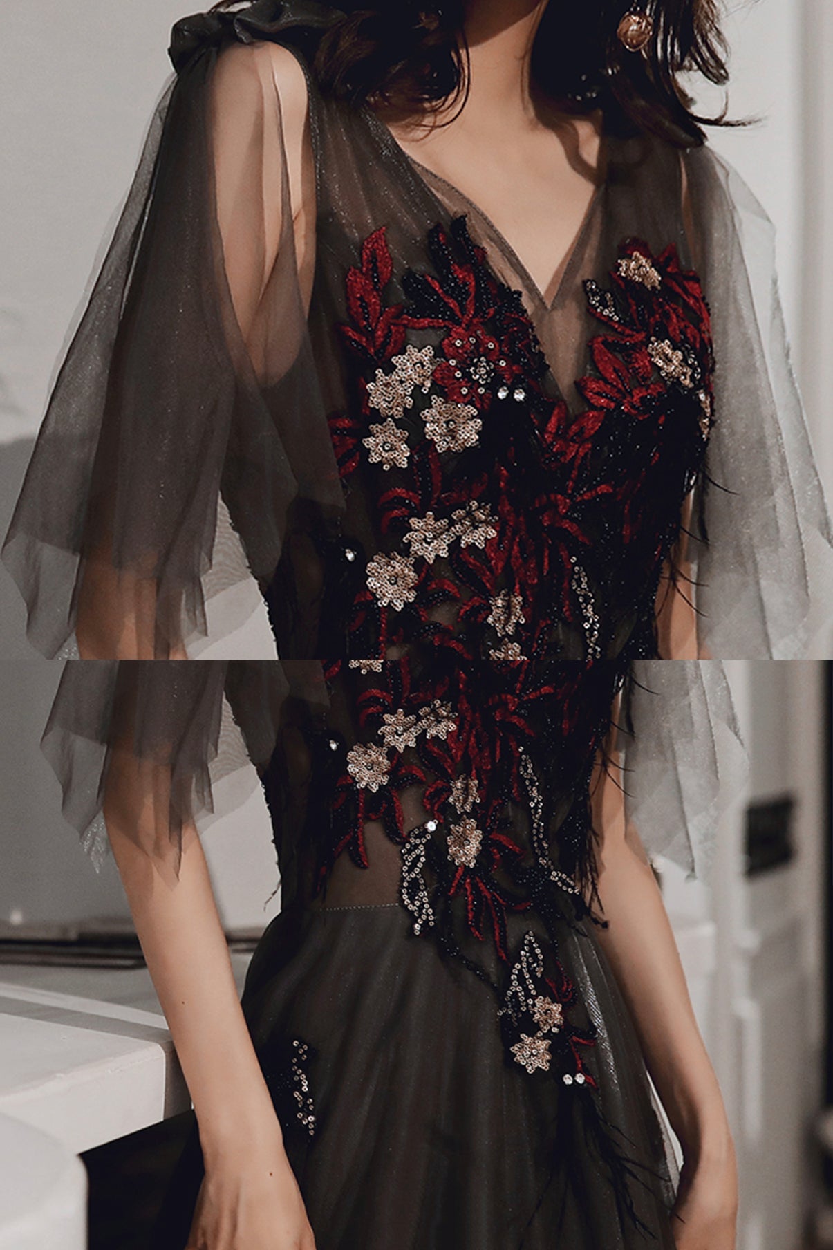 Black lace long prom dress black evening dress  8630