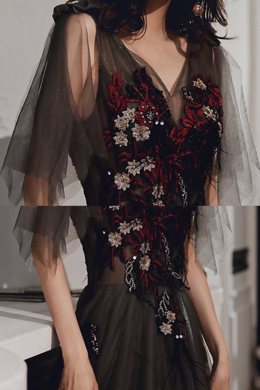 Black lace long prom dress black evening dress  8630