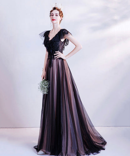 Black v neck tulle long prom dress evening dress  8512