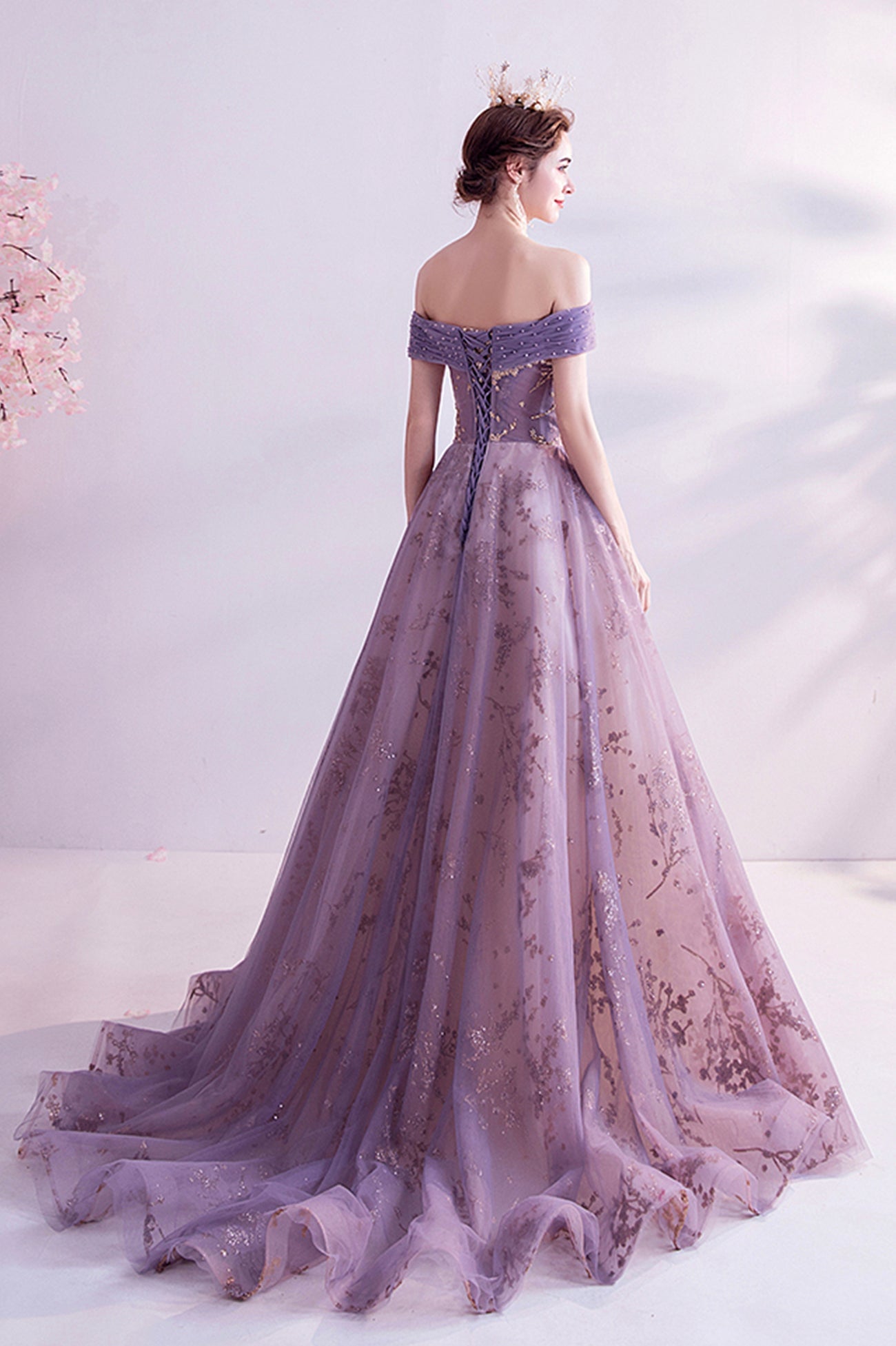 Purple tulle sequins long A line prom dress evening dress  8564
