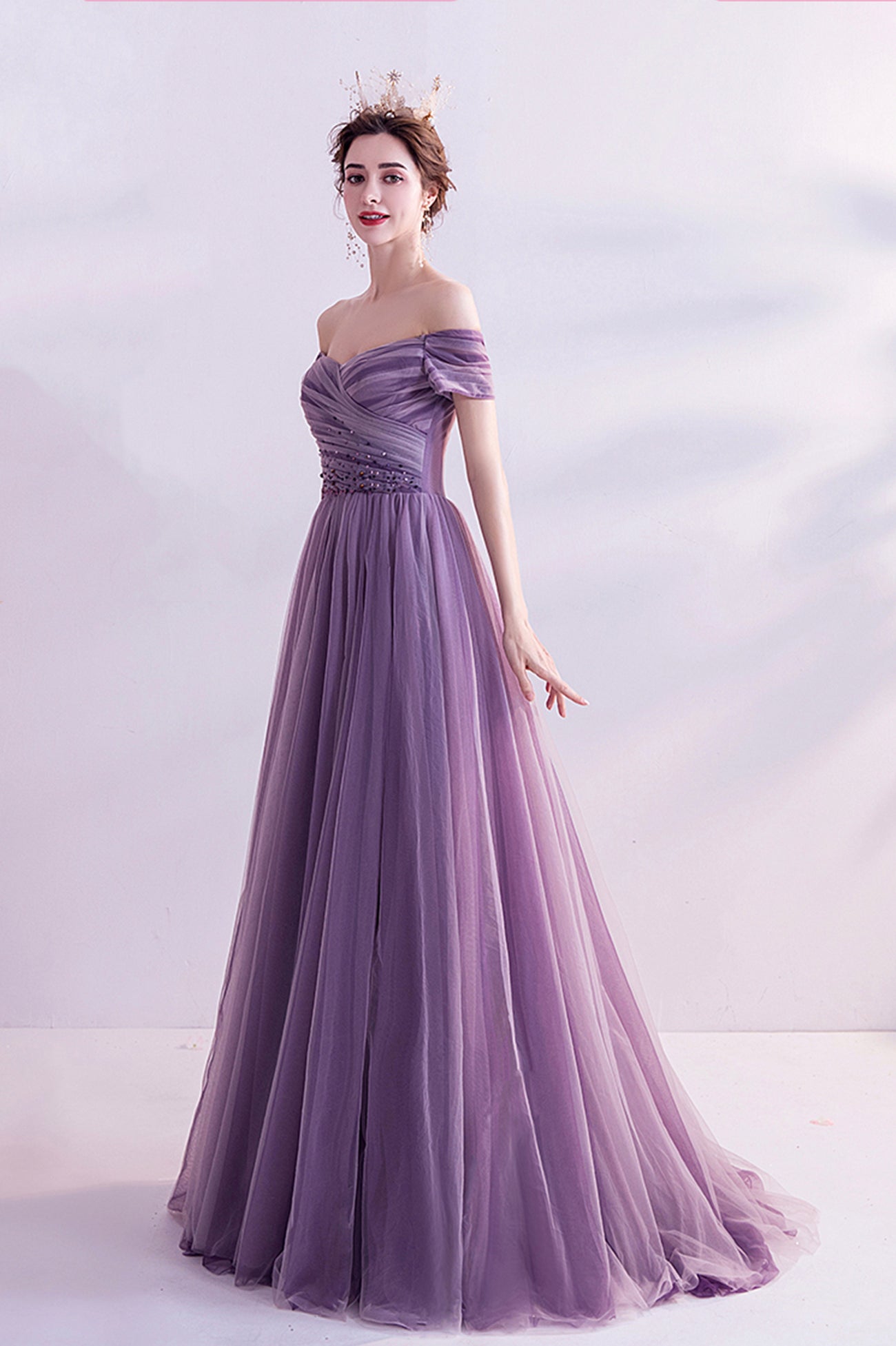 Purple tulle long prom dress A line evening dress  8562