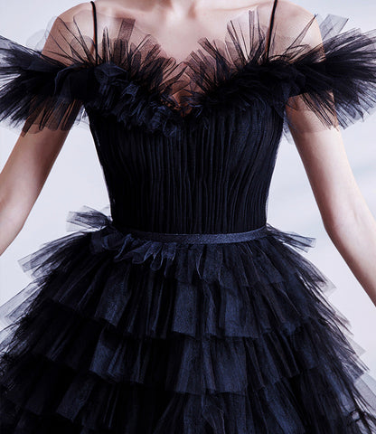 Black tulle long A line prom dress black evening dress  8924