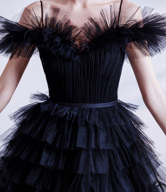 Black tulle long A line prom dress black evening dress  8924