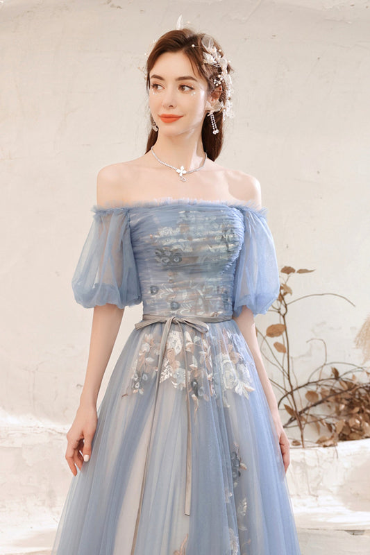 Blue lace long A line prom dress blue evening dress  8751