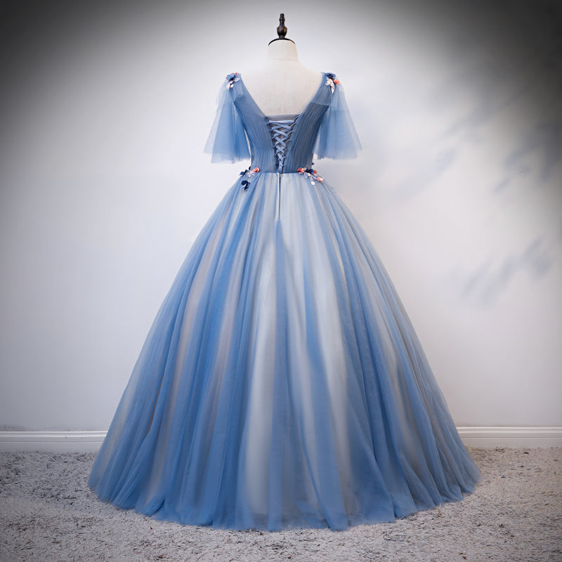 Blue v neck tulle long prom gown formal dress  8478