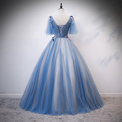 Blue v neck tulle long prom gown formal dress  8478