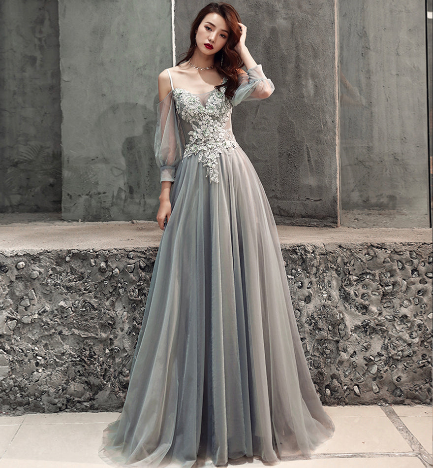 Gray tulle lace long A line prom dress evening dress  8477