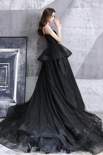 Black tulle long ball gown dress black evening dress  8665