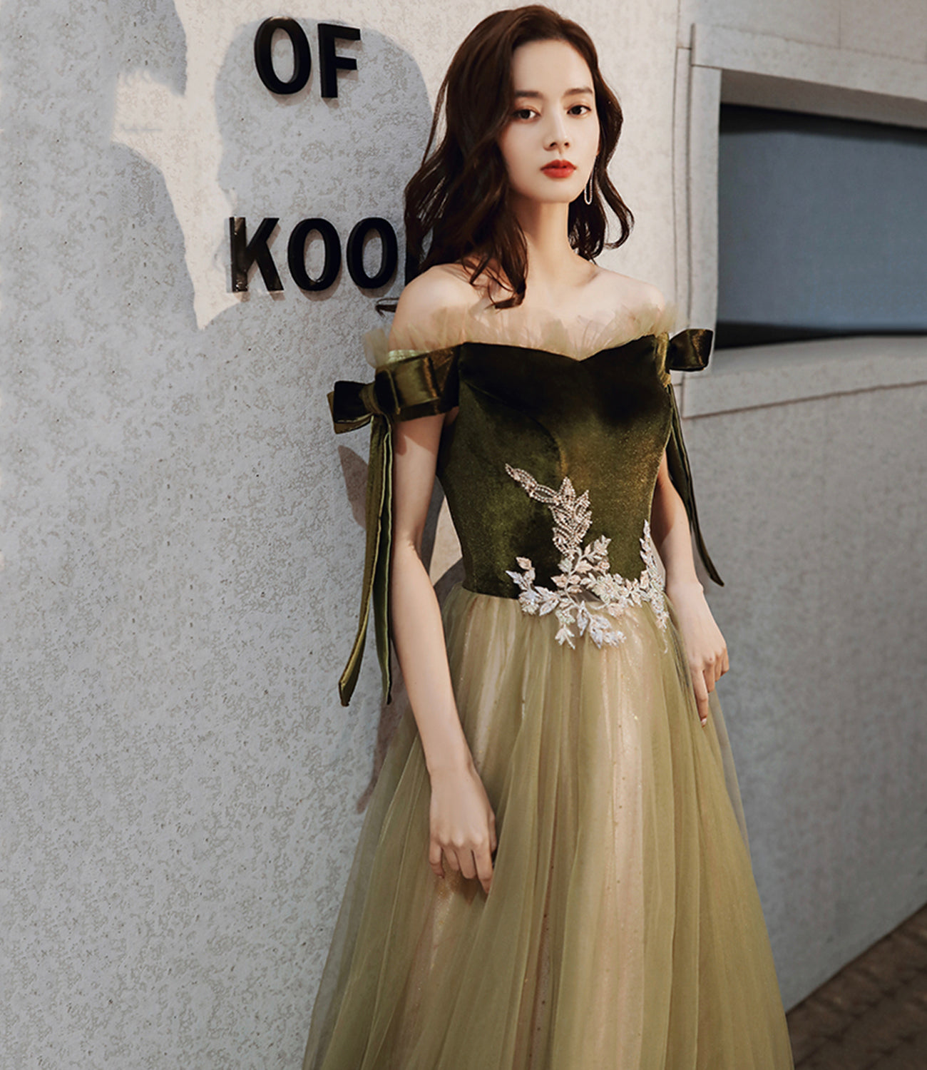 Green velvet tulle long A line prom dress evening dress  8828