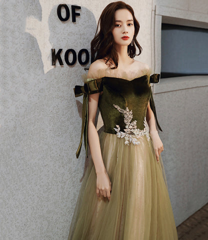 Green velvet tulle long A line prom dress evening dress  8828