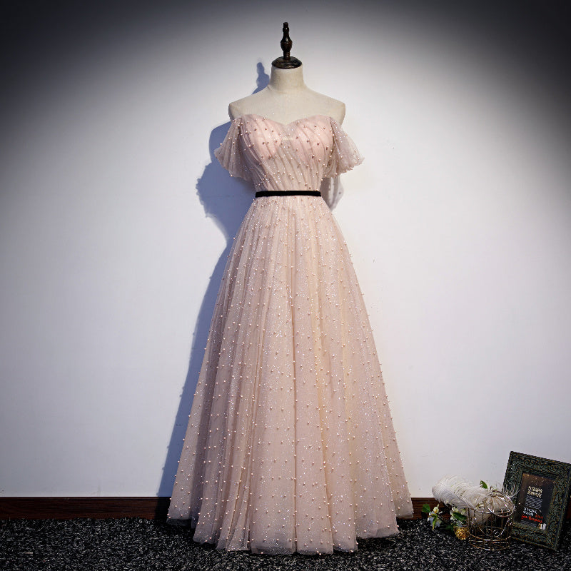 Lovely A line tulle pearl long prom dress evening dress  8685