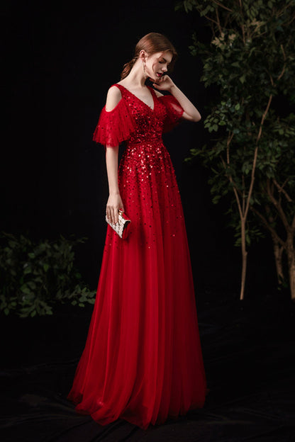 Red tulle sequins long A line prom dress red evening dress  8737