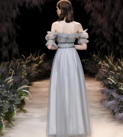 Grey tulle long prom dress grey evening dress  8557