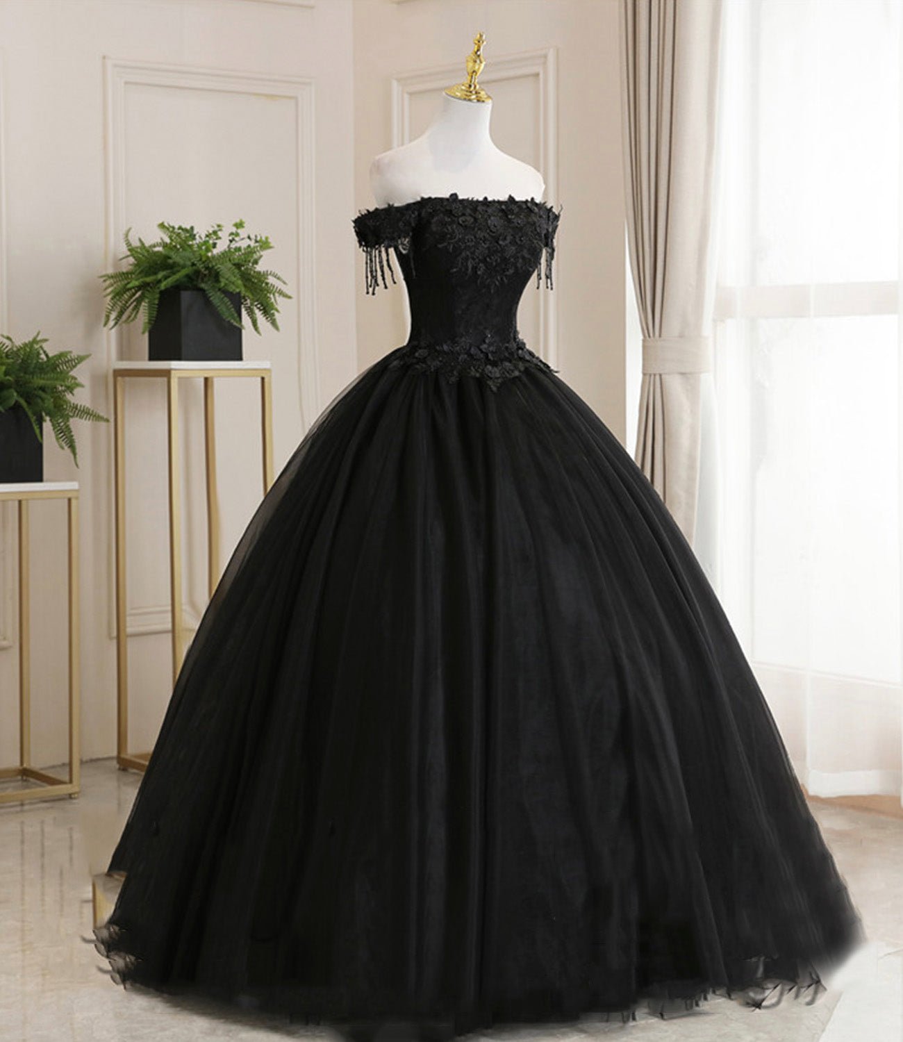 Black tulle lace long ball gown dress formal dress  8931