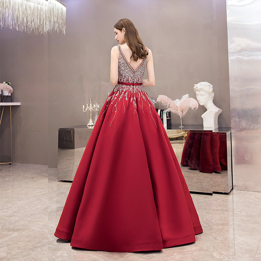 High quality v neck beads long prom dress red evening dress  8525