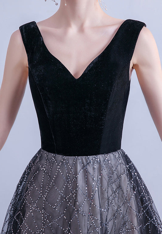 Black velvet sequins long prom dress formal dress  8450