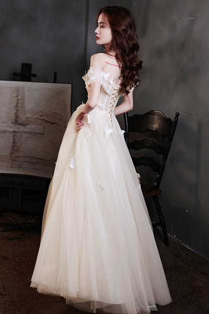 Champagne tulle long A line prom dress evening dress  8716