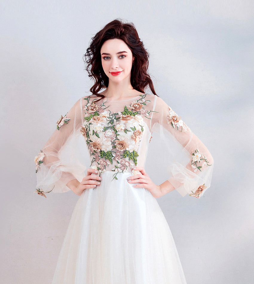 Light champagne lace long prom dress evening dress  8451