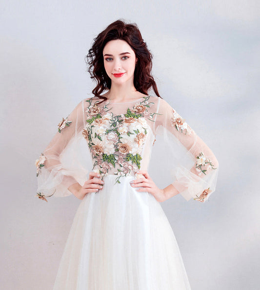 Light champagne lace long prom dress evening dress  8451