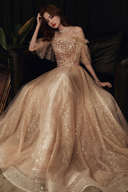 Gold sequins long A line prom dress evening dress  8859