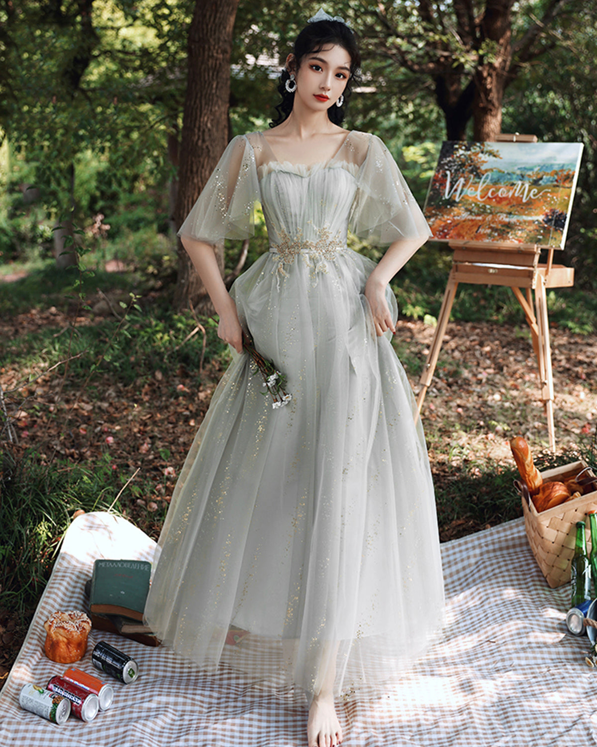 Cute tulle long A line prom dress evening dress  8867