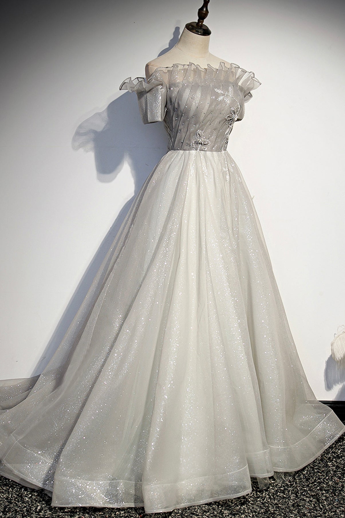 Silver tulle long ball gown dress formal dress  8598