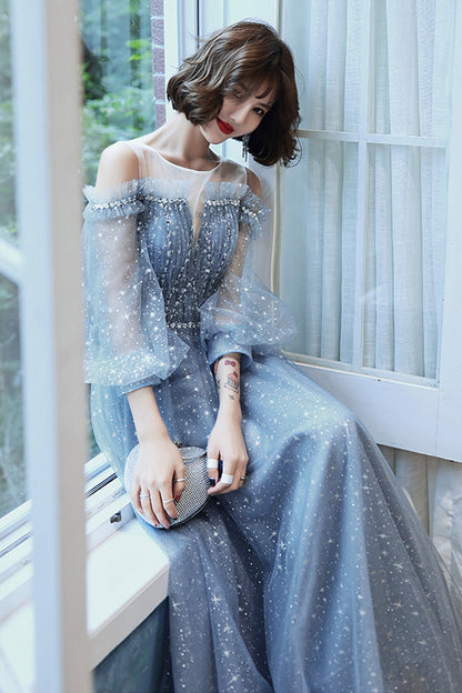 Blue tulle long A line prom dress blue evening dress  8759