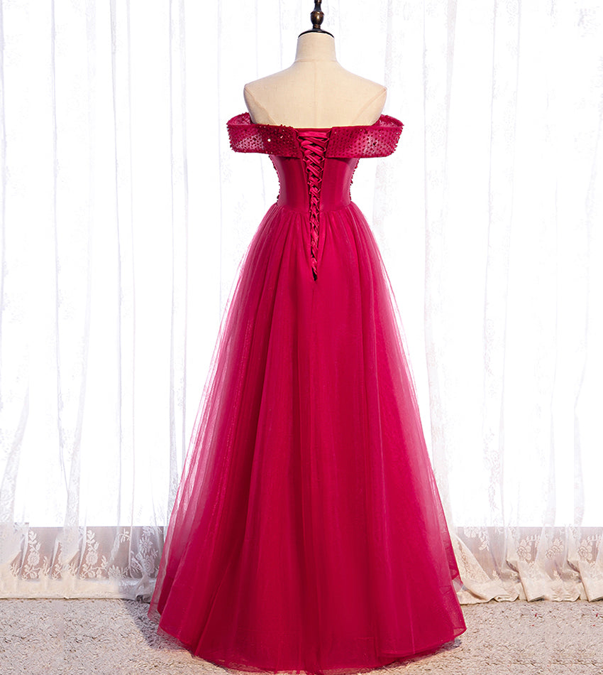 Red tulle beads long prom dress red evening dress  8427