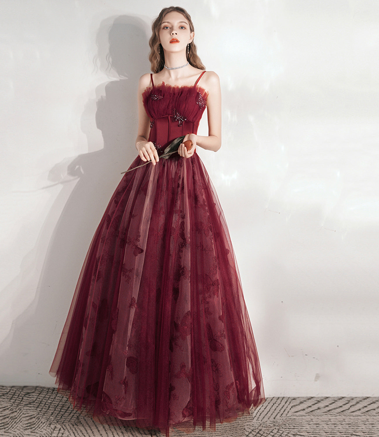 Burgundy tulle long A line prm dress evening dress  8799