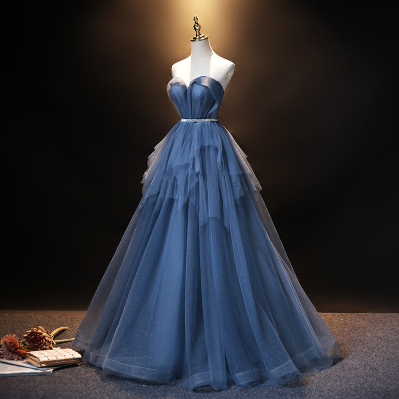 Blue tulle long A line prom dress blue evening dress  8909
