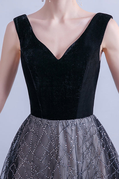 Black tulle sequins long A line prom dress evening dress  8731