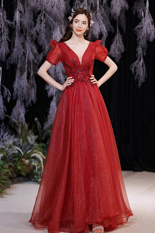 Red v neck tulle long A line prom dress evening dress  8738