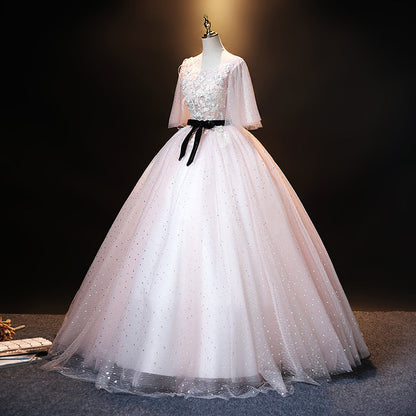 Pink tulle lace long ball gown dress formal dress  8908
