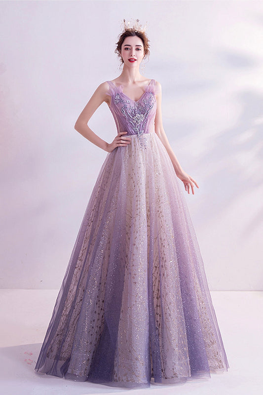 Purple tulle long A line prom dress evening dress  8739