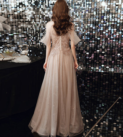 Elegant tulle beads long prom dress evening dress  8441