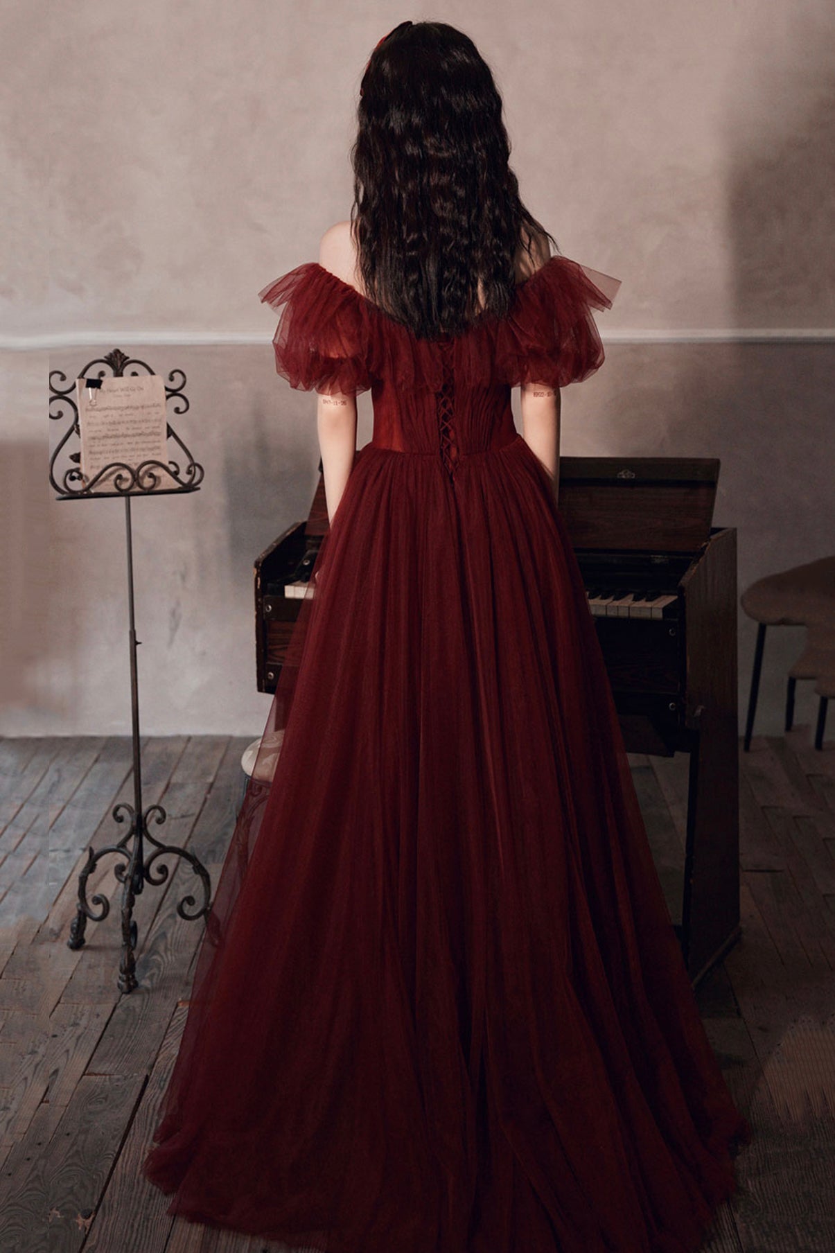 Burgundy tulle long A line prom dress evening dress  8572