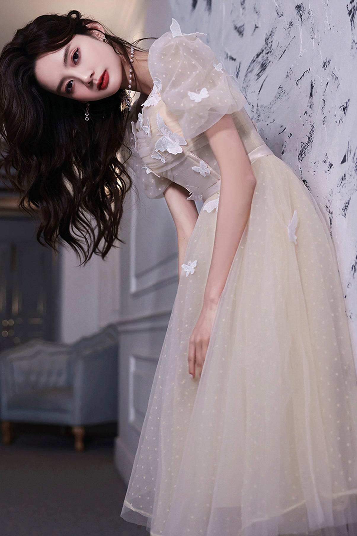 Champagne tulle short prom dress party dress  8671