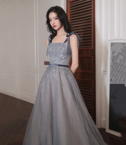 Gray tulle sequins long prom dress A line evening dress  8889