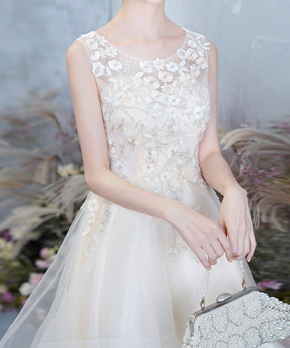 Champagne tulle lace high low prom dress party dress  8420