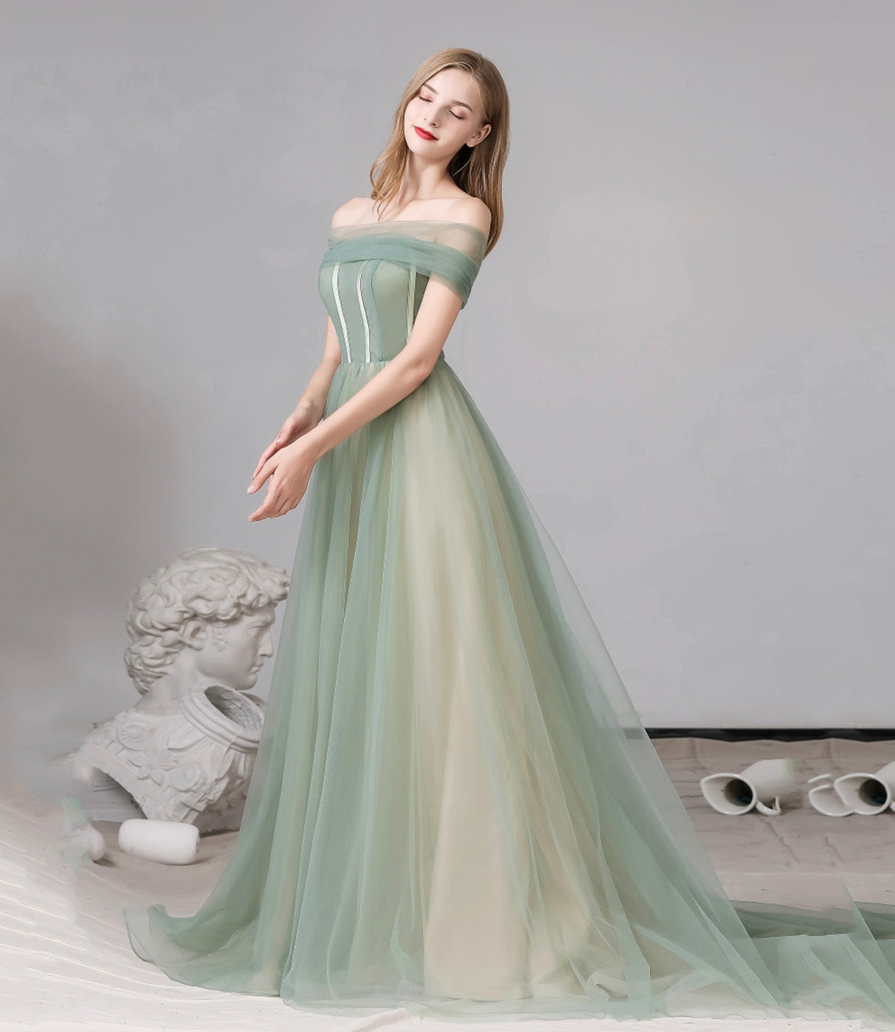 Cute tulle long A line prom dress evening dress  8791