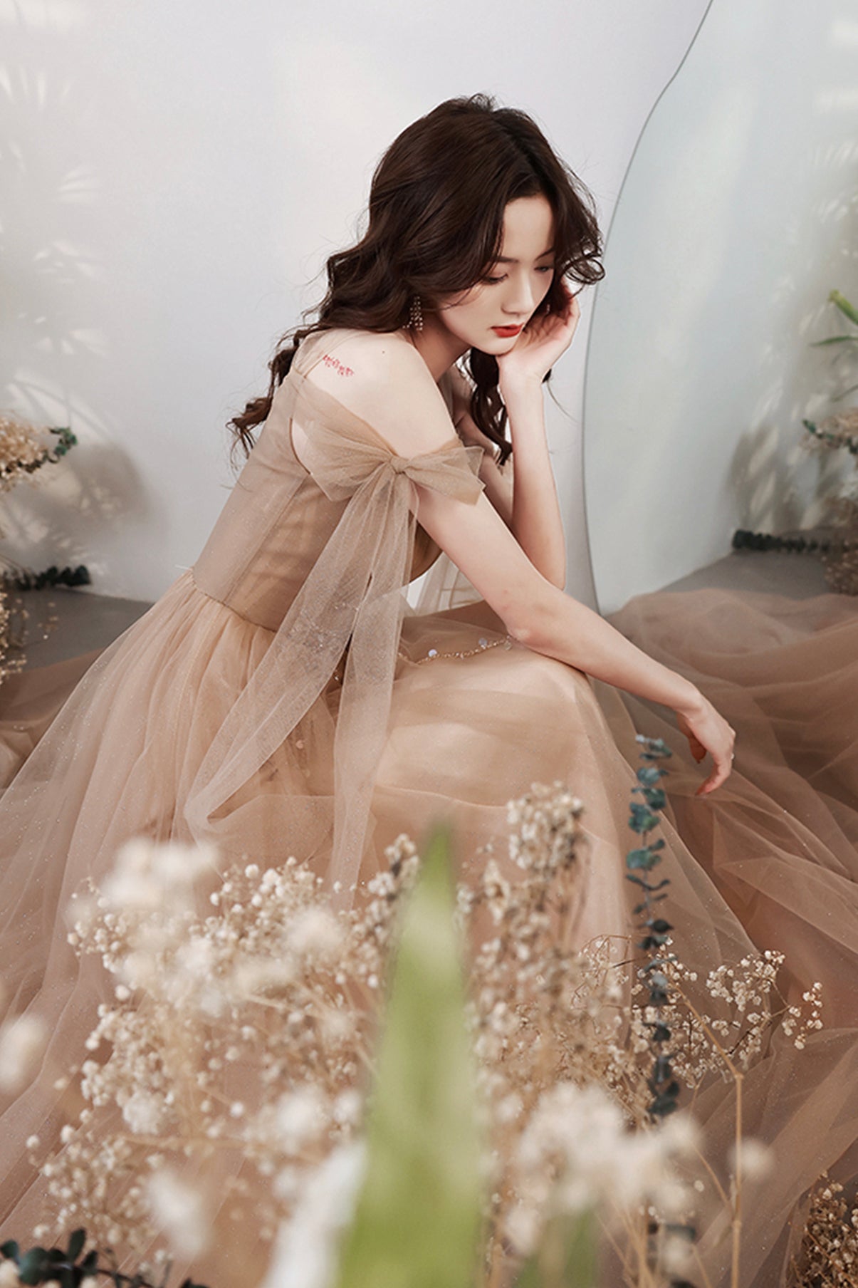 Cute tulle sequins long A line prom dress evening dress  8705