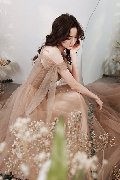 Cute tulle sequins long A line prom dress evening dress  8705