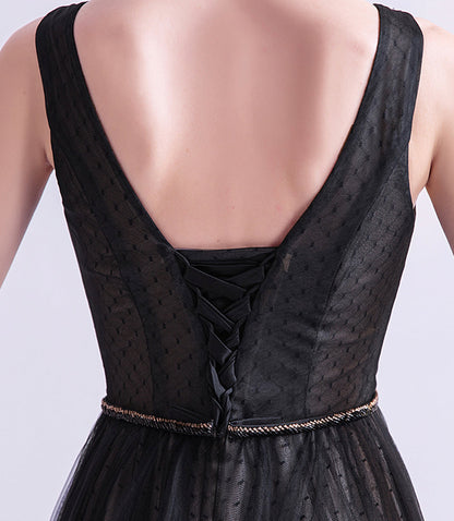 Black v neck tulle beads prom dress evening dress  8519