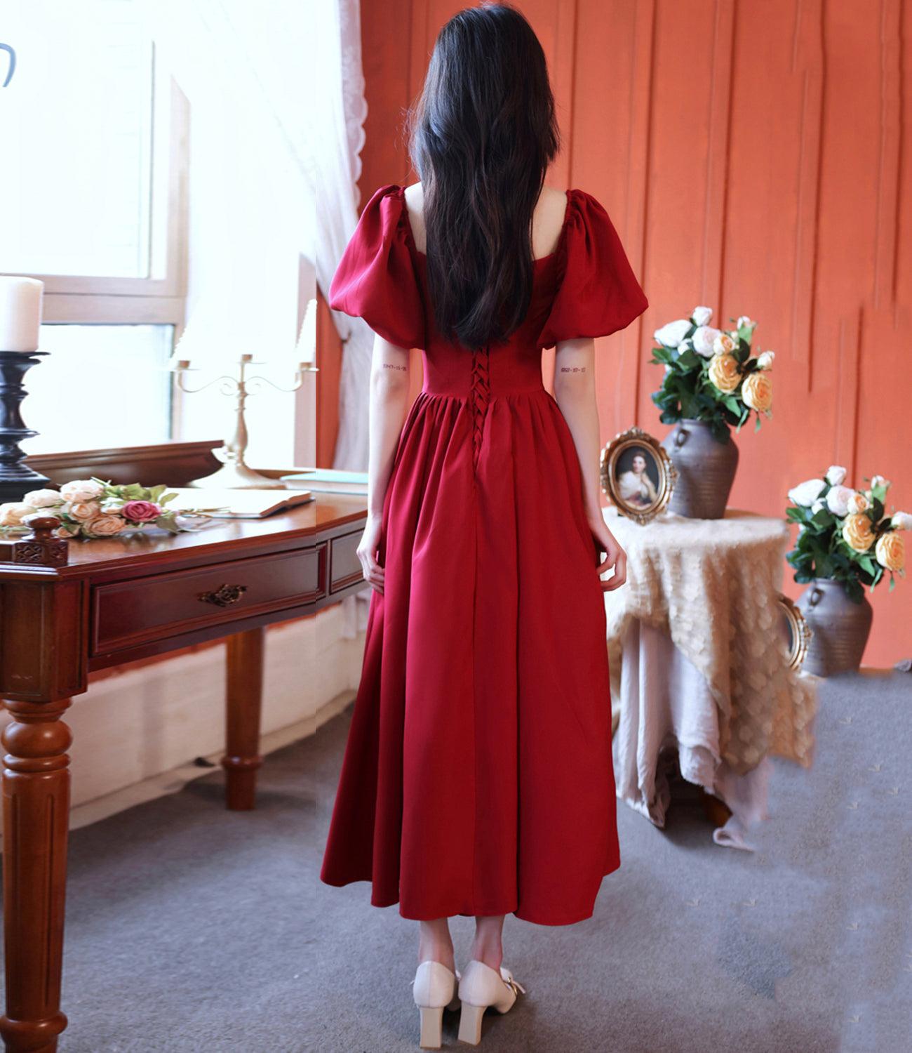 Red A line short prom dress red evening dress  8833